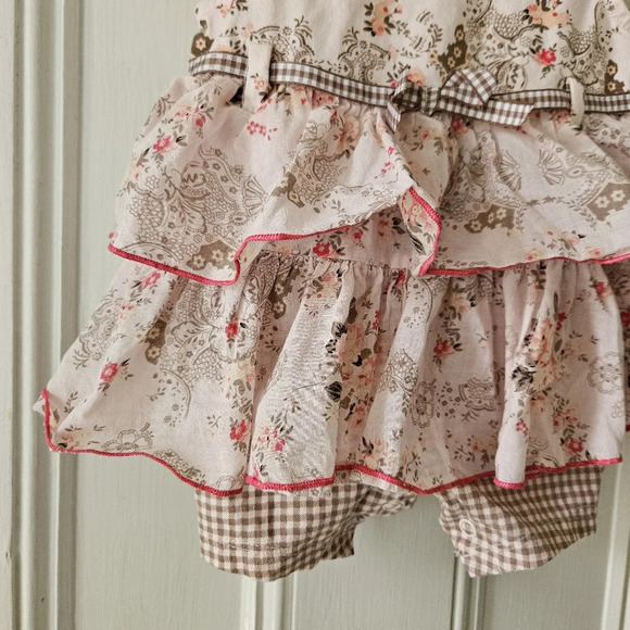 Vitamins Baby Floral Checkered Ruffled Dress with Bloomers Pink Brown 9M - Picture 3 of 6